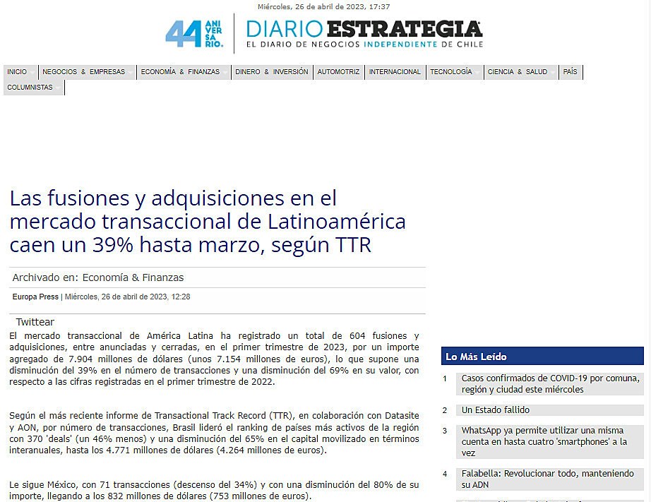 Las fusiones y adquisiciones en el mercado transaccional de Latinoamrica caen un 39% hasta marzo, segn TTR